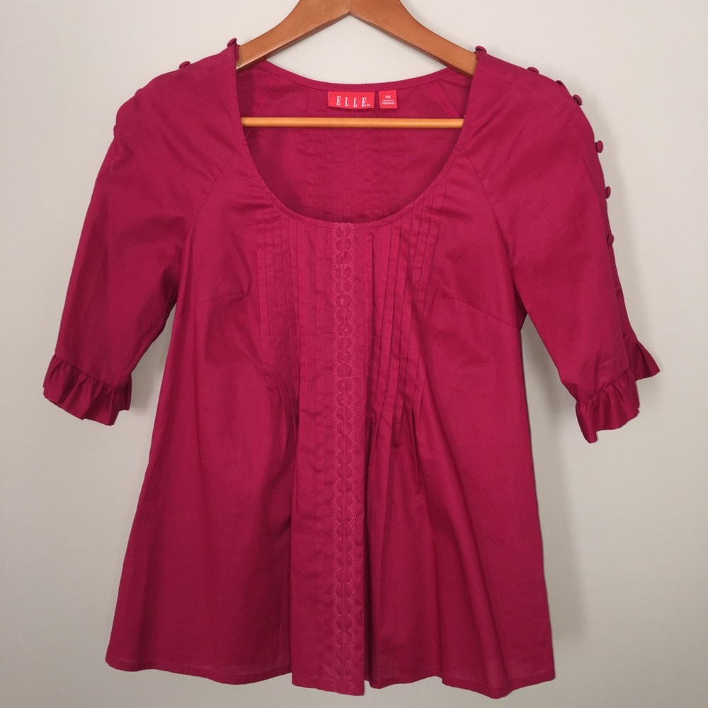 ELLE Pleated Ruffle Top with Button Sleeves Sz XS
